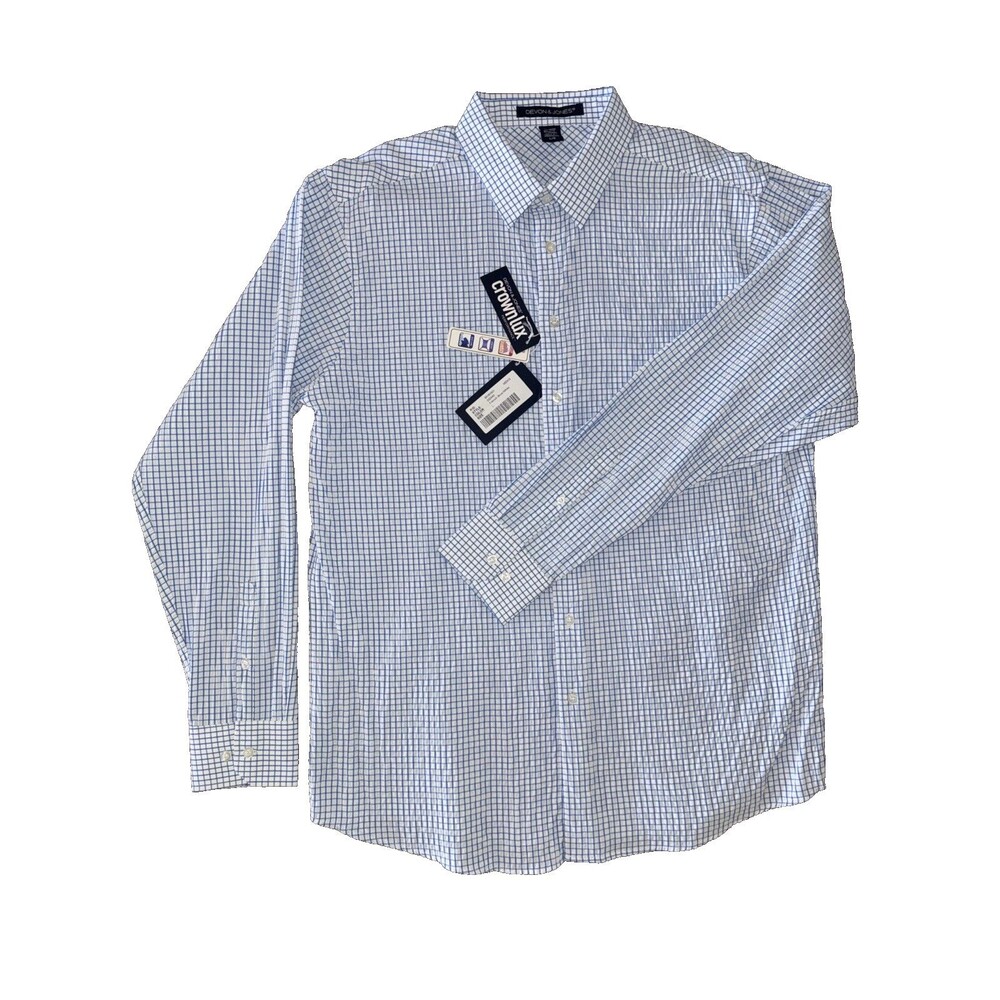 Devon & Jones CrownLux Blue Micro Check Crinkle Dress Shirt Performance NWT L